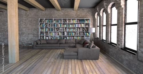 Interno soggiorno vintage con libreria openspace 3d photo