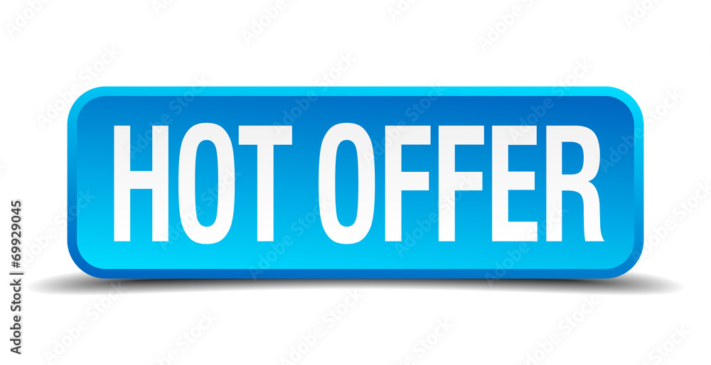 Hot offer blue 3d realistic square isolated button Hot offer blue 3d realistic square isolated button