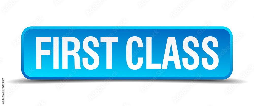 first class blue 3d realistic square isolated button first class blue 3d realistic square isolated button