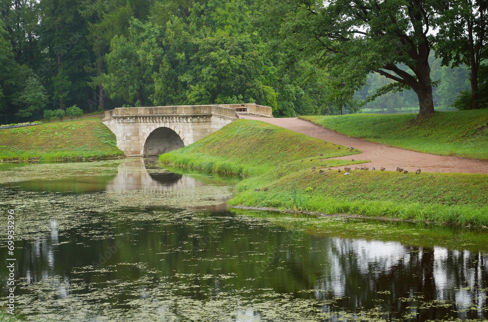 Fototapeta premium Landscape with old bridge in Gatchina