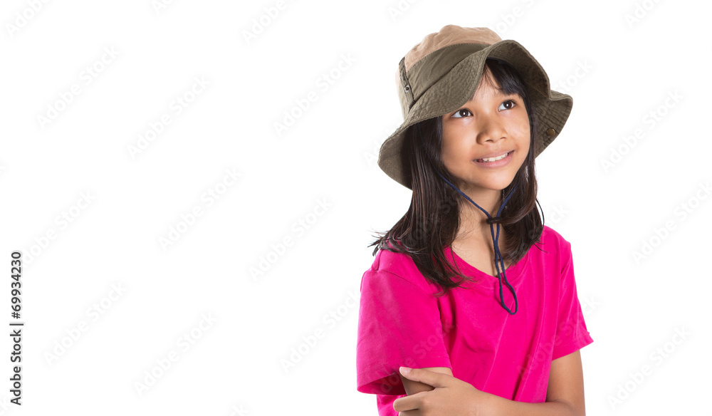 Young Asian preteen girl wearing angler hat and pink tshirt Young Asian preteen girl wearing angler hat and pink tshirt