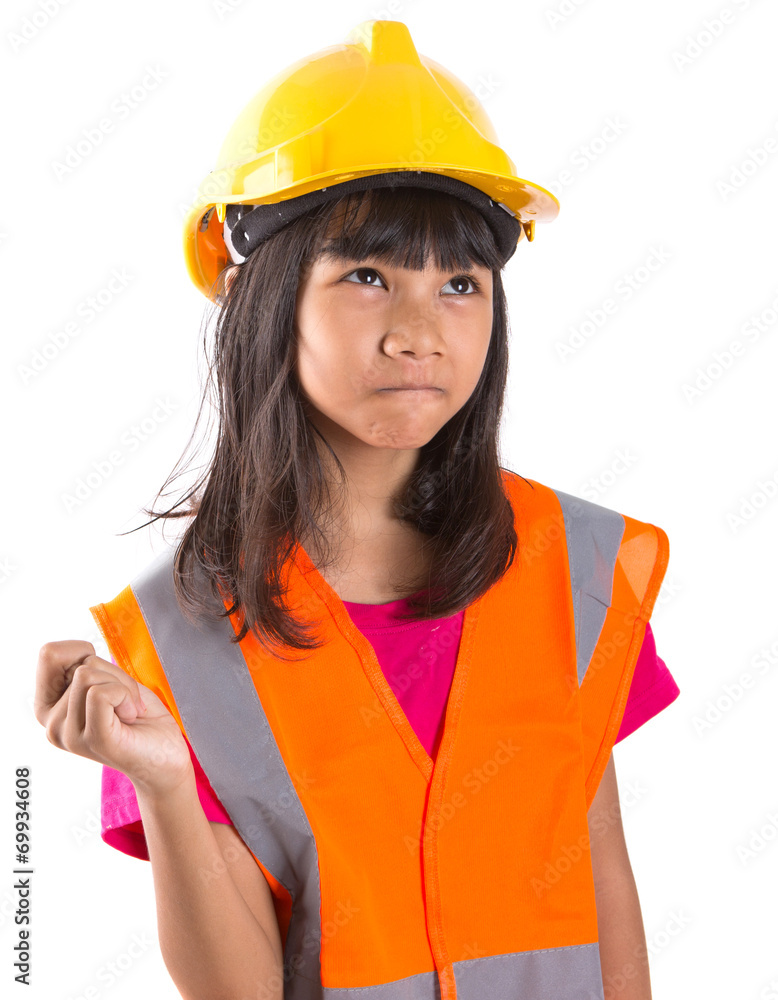 Young preteen Asian girl with hard hat and reflective vest Young preteen Asian girl with hard hat and reflective vest