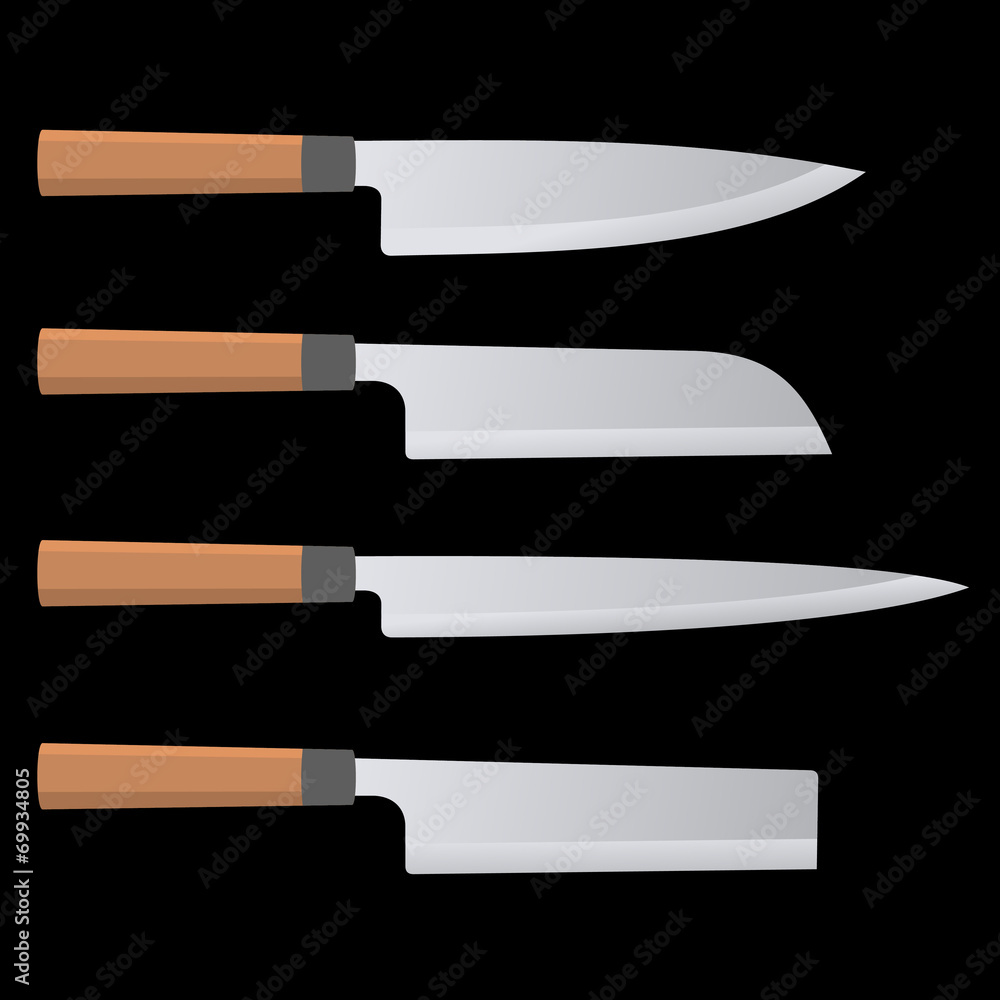 Set of Japan Kitchen Knives with Wooden Handle. Vector