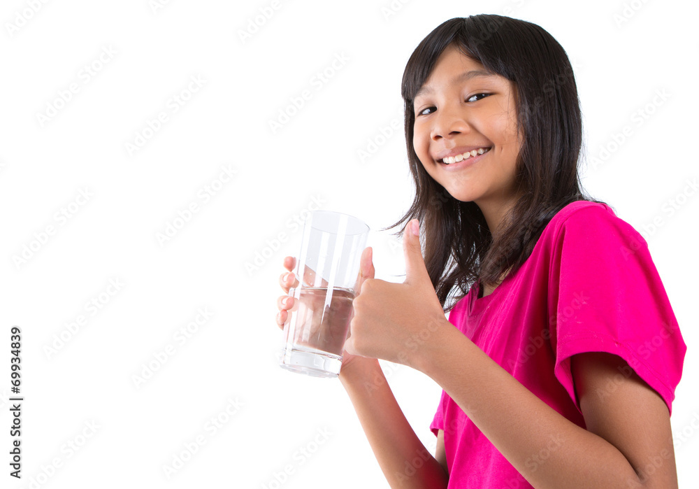 Young Asian preteen with a glass of water over white background Young Asian preteen with a glass of water over white background