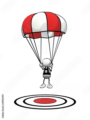 little sketchy man with parachute landing on red aim point