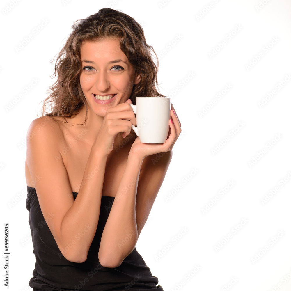 Young woman with cup of coffee on white isolated background Young woman with cup of coffee on white isolated background