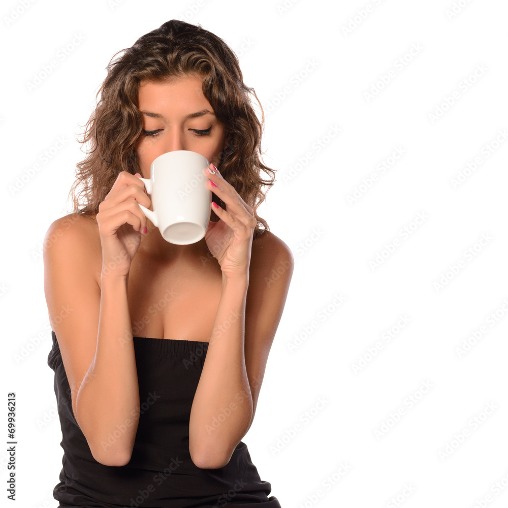 Young woman with cup of coffee on white isolated background Young woman with cup of coffee on white isolated background