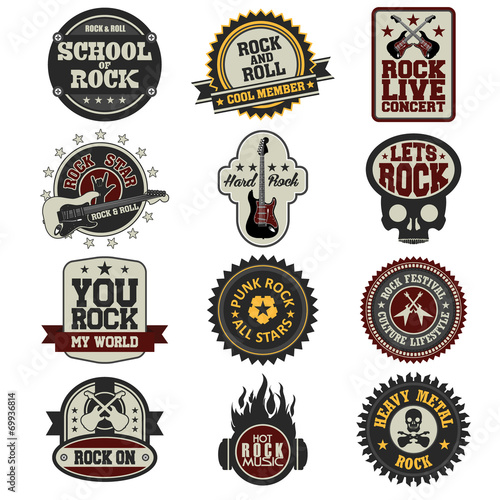 Set of music and sound rock star badge label related elements in