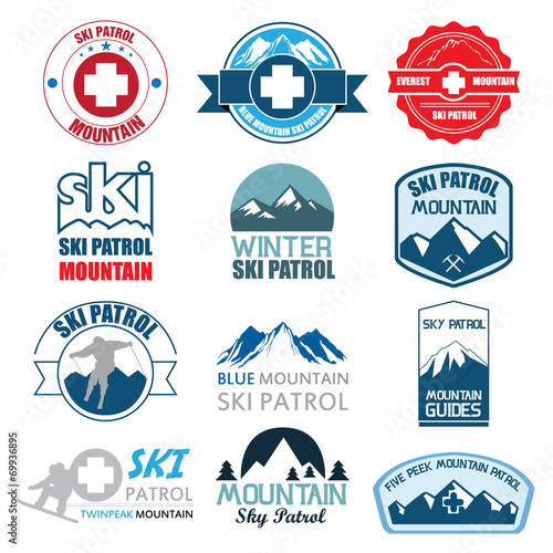 Set of ski patrol mountain badges and logo patches. Vector Illus