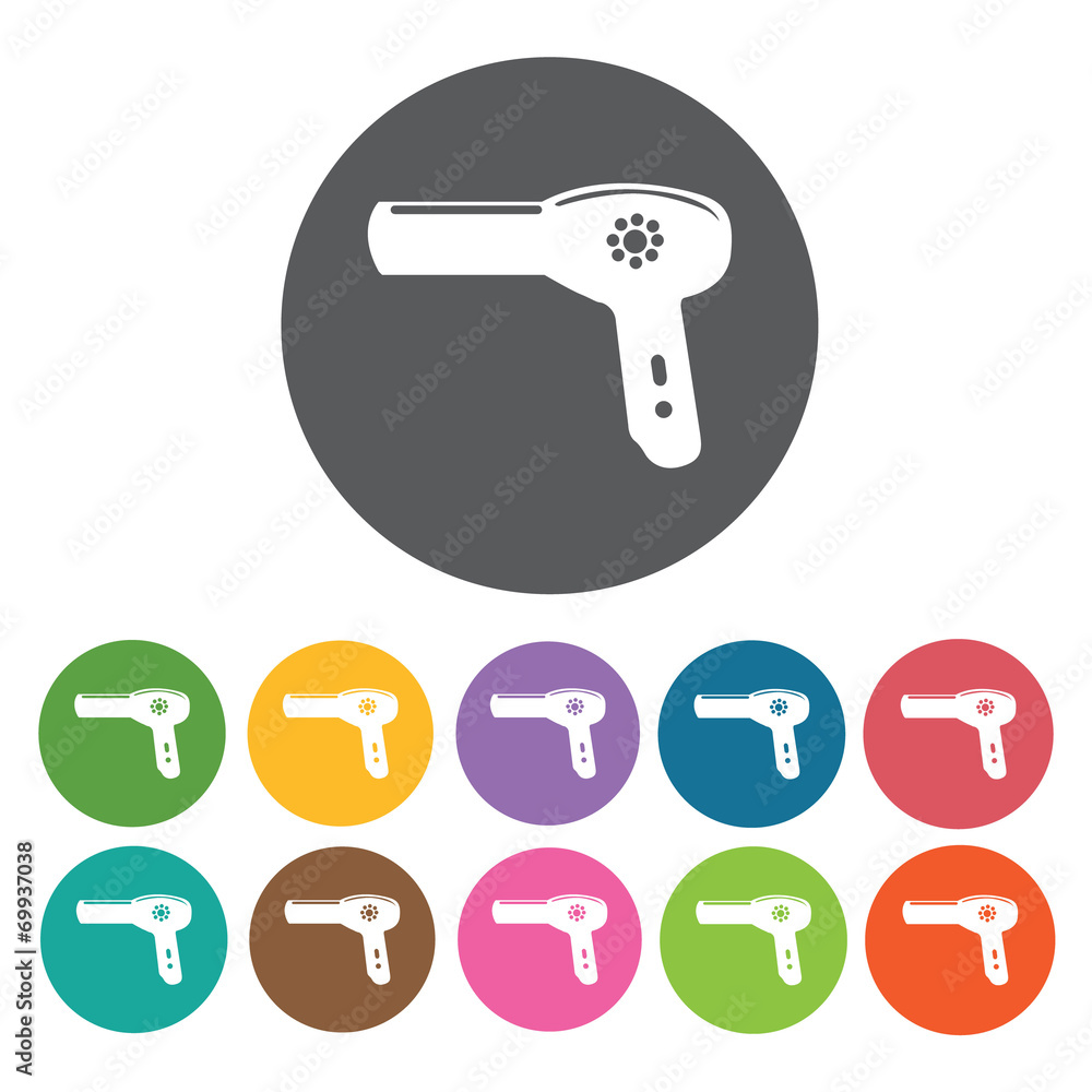 Hair blower icons set. Round colourful 12 buttons. Vector illust Hair blower icons set. Round colourful 12 buttons. Vector illust