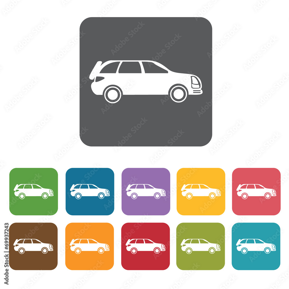 Car icons set. Rectangle colourful 12 buttons. Vector illustrati