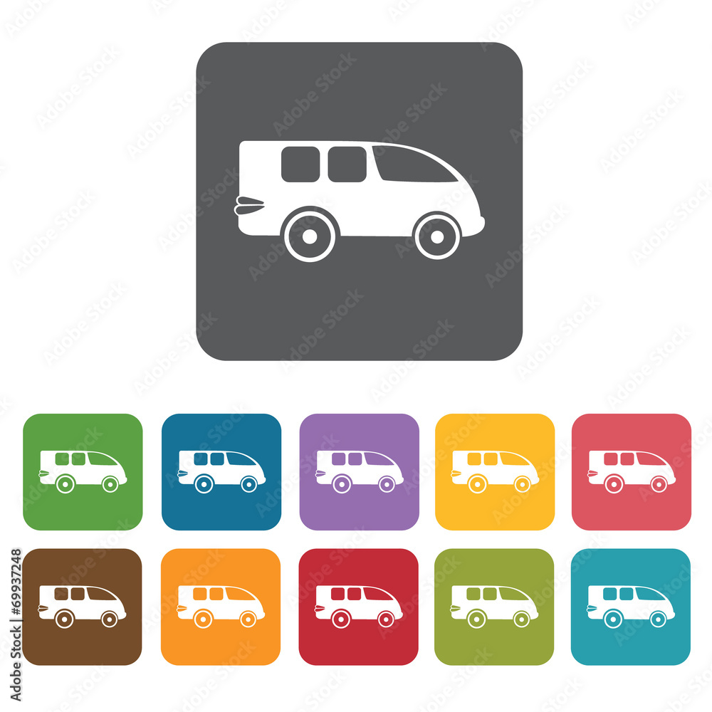 Mini van icons set. Rectangle colourful 12 buttons. Vector illus Mini van icons set. Rectangle colourful 12 buttons. Vector illus