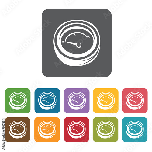 Fuel gauge icons set. Rectangle colourful 12 buttons. Vector ill