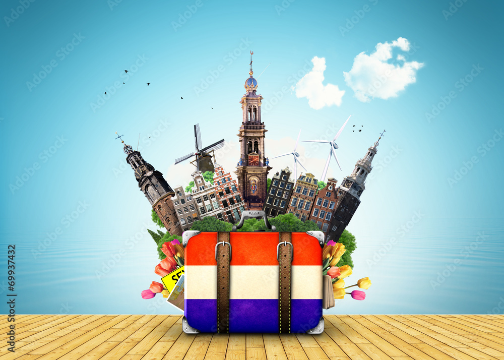 Fototapeta premium Holland, Amsterdam landmarks, travel and retro suitcase