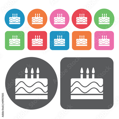Outlined birthday cake icons set. Round and rectangle colourful