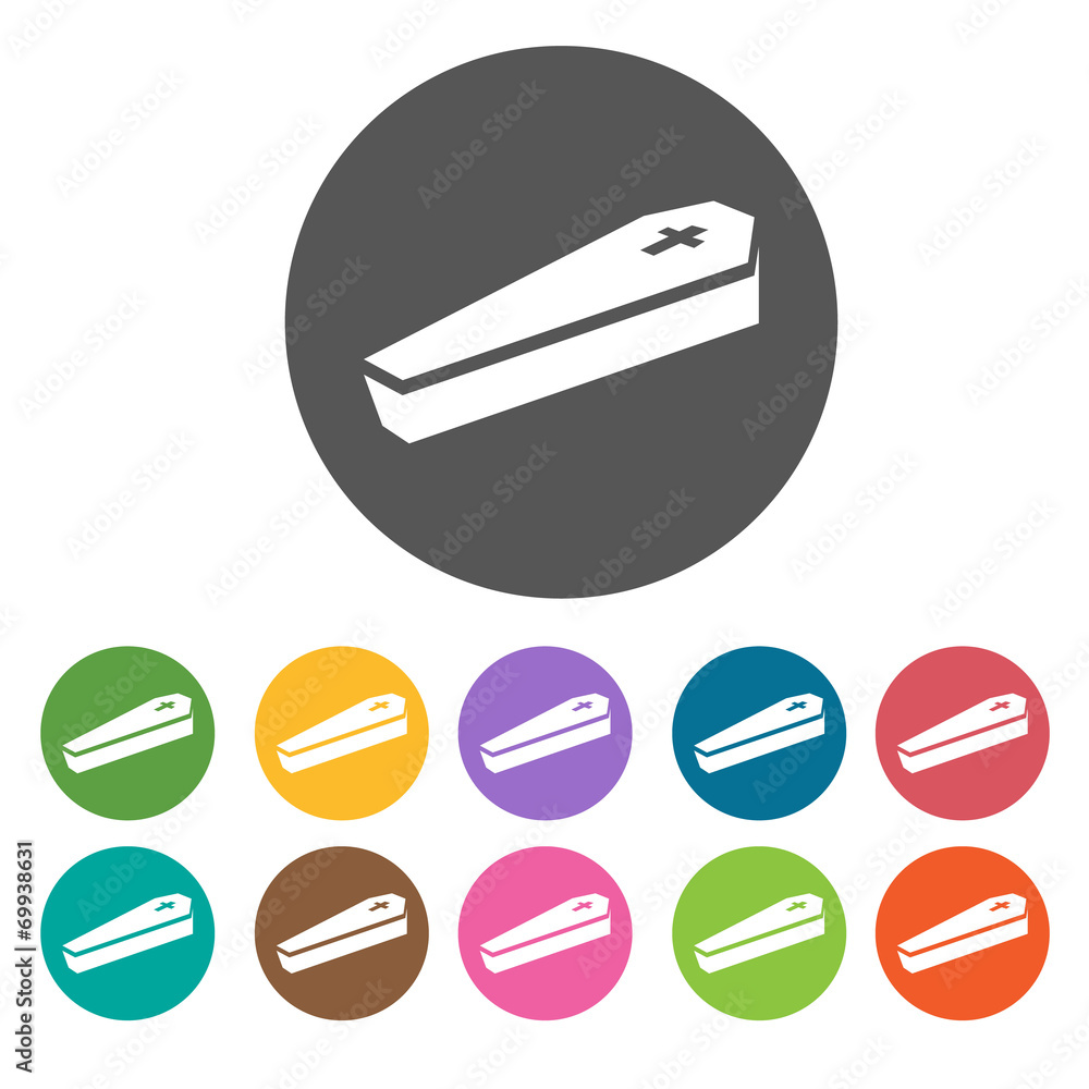 Coffin with cross icons set. Round colourful 12 buttons. Vector Coffin with cross icons set. Round colourful 12 buttons. Vector