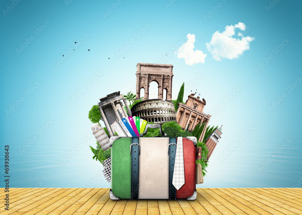 Naklejka premium Italy, attractions Italy and retro suitcase, travel