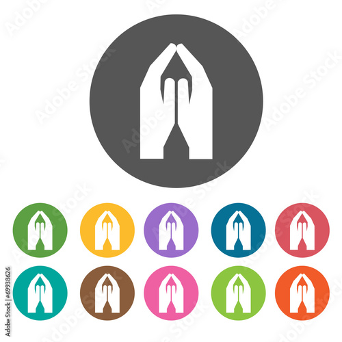 Praying hand icons set. Round colourful 12 buttons. Vector illus