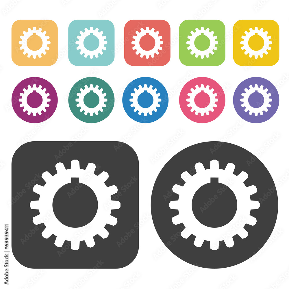Set of gears icon symbol set. Gear set. Round and rectangle colo Set of gears icon symbol set. Gear set. Round and rectangle colo