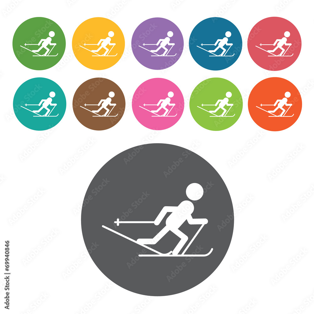 Walking skiing sign icon symbol set. Winter sport set. Round col