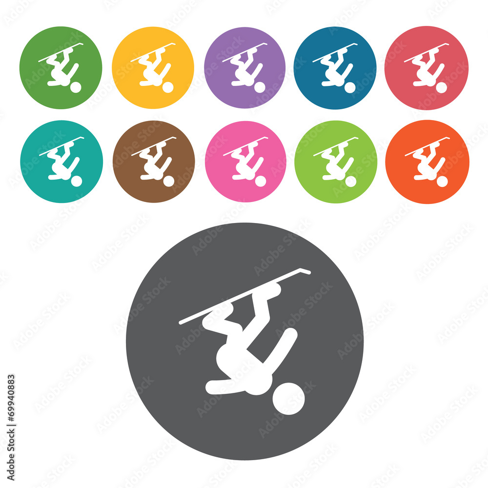 Snowboarding sign icon symbol set. Winter sport set. Round colou Snowboarding sign icon symbol set. Winter sport set. Round colou
