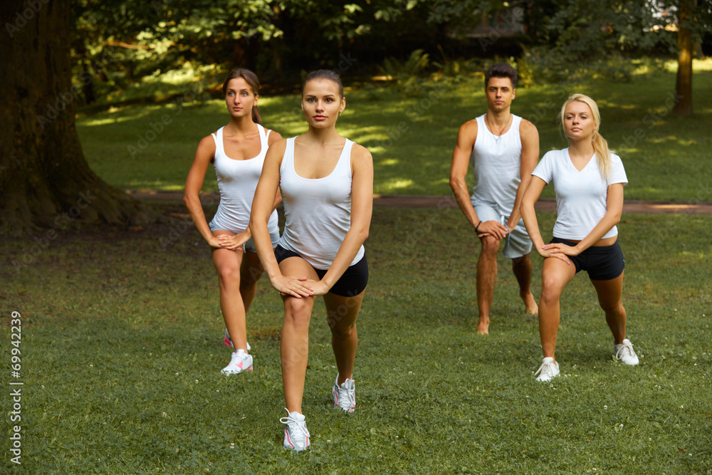 Fitness class. Portrait of smiling people doing power fitness ex