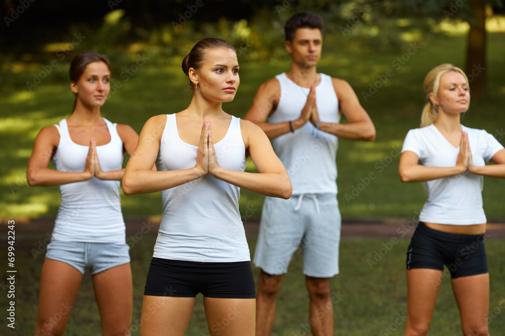 Yoga Class. Group of People Meditating At Summer Park Yoga Class. Group of People Meditating At Summer Park