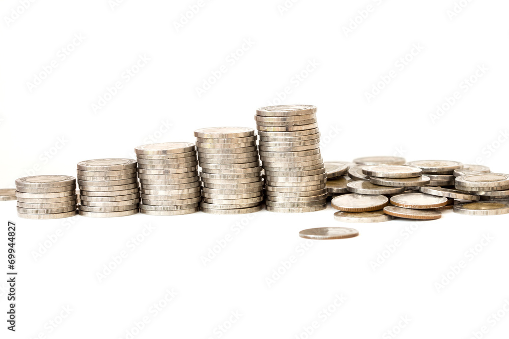 Silver coin , money increasing concept on white background Silver coin , money increasing concept on white background