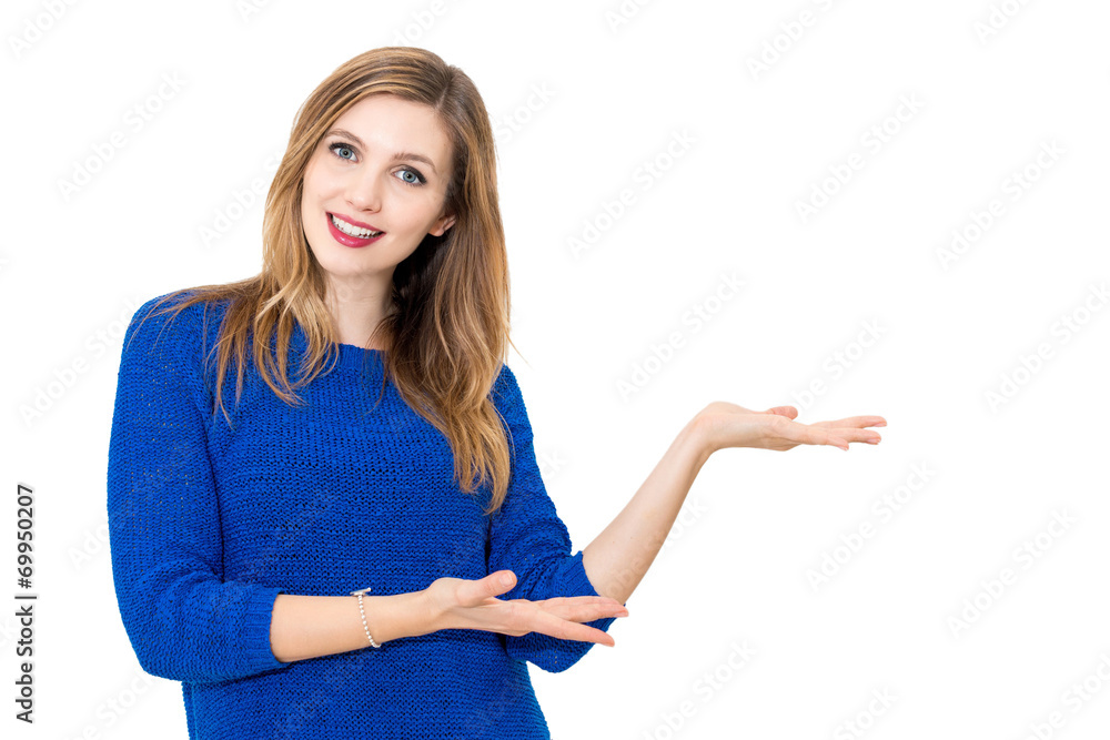 showing smiling beautiful happy woman showing smiling beautiful happy woman