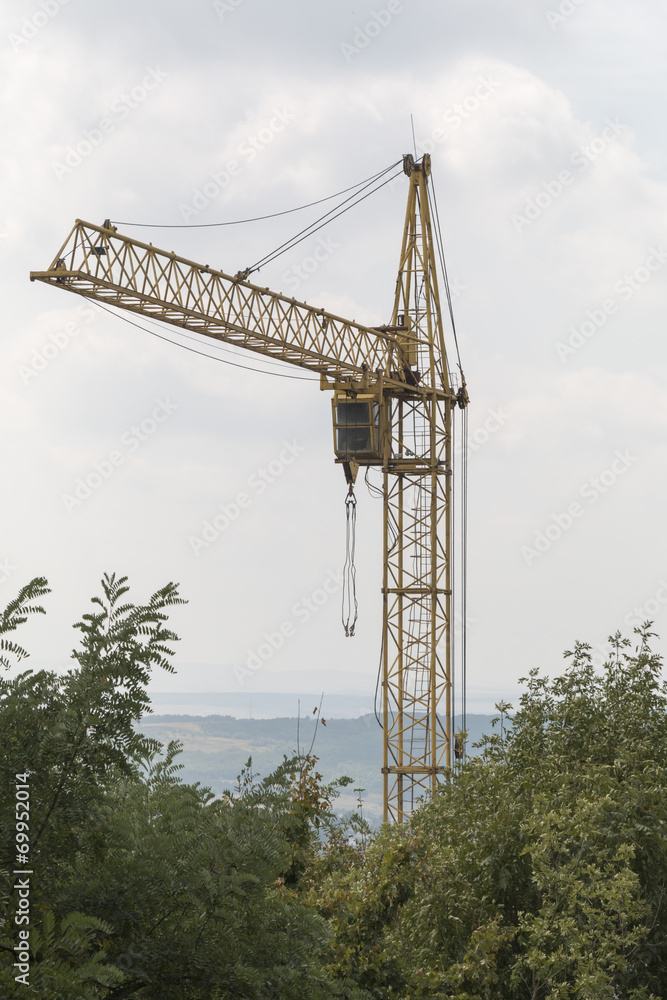 Tower crane on a background of sky and trees