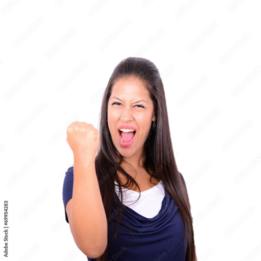 Excited happy success young woman with fists up isolated on whit Excited happy success young woman with fists up isolated on whit