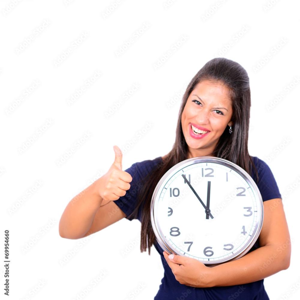 Portrait of beautiful young woman holding big clock with thumbs Portrait of beautiful young woman holding big clock with thumbs