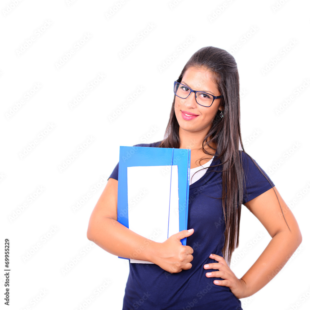 Portrait of smiling business woman with paper folder isolated on Portrait of smiling business woman with paper folder isolated on