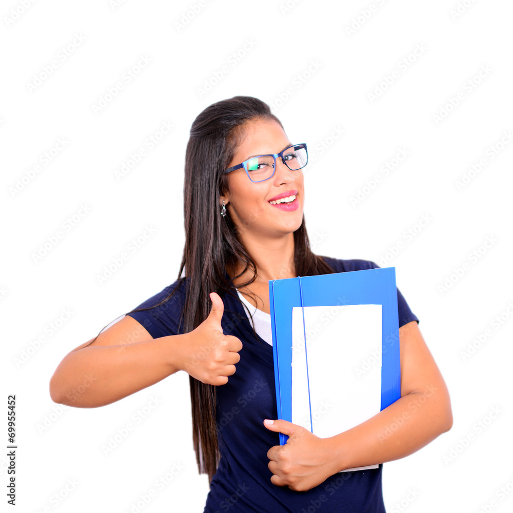Portrait of smiling student with paper folder and thumb up isola Portrait of smiling student with paper folder and thumb up isola
