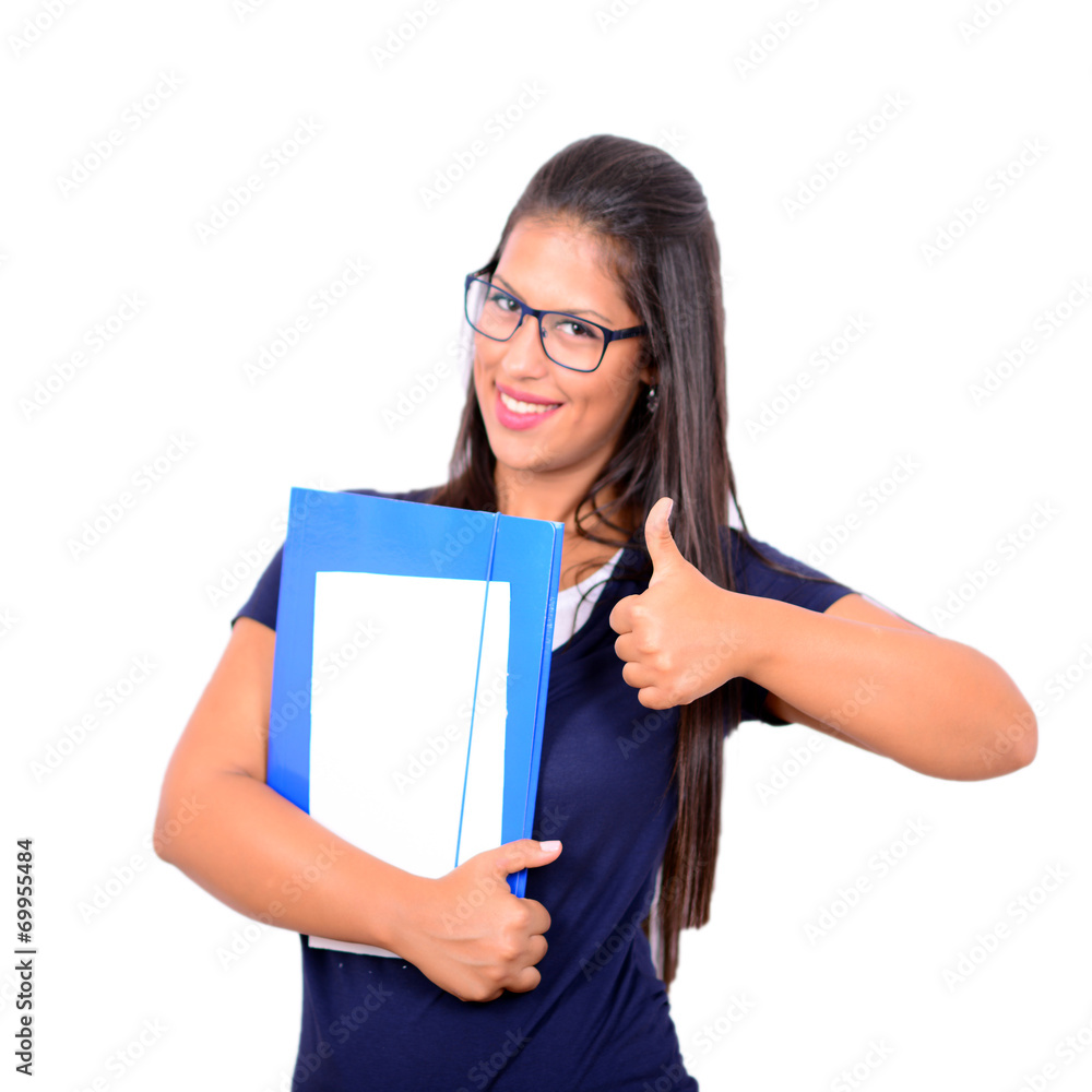 Portrait of smiling student with paper folder and thumb up isola Portrait of smiling student with paper folder and thumb up isola
