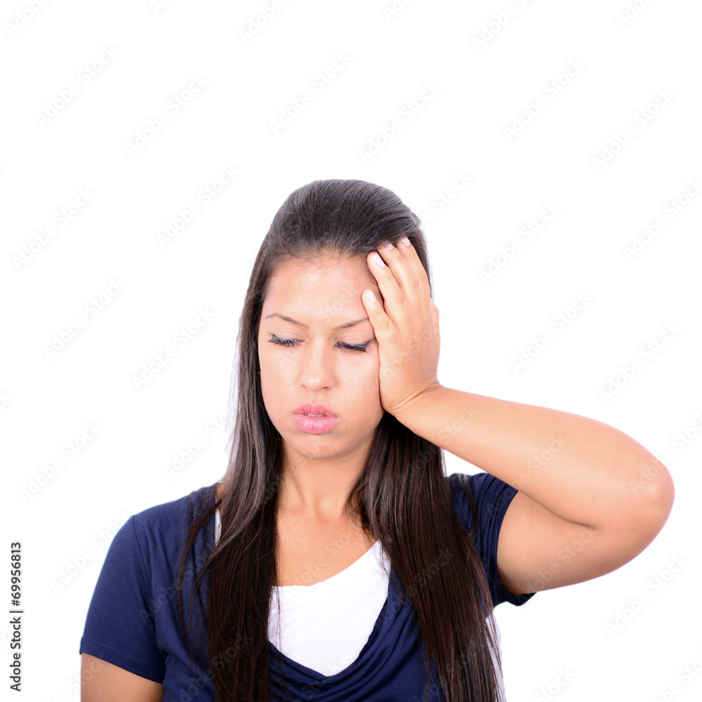 Woman with headache standing against white background Woman with headache standing against white background