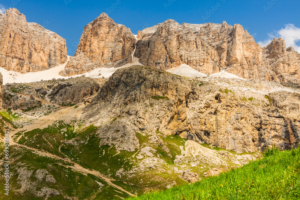 Panorama of Sella mountain range from Sella pass, Dolomites, Ita
