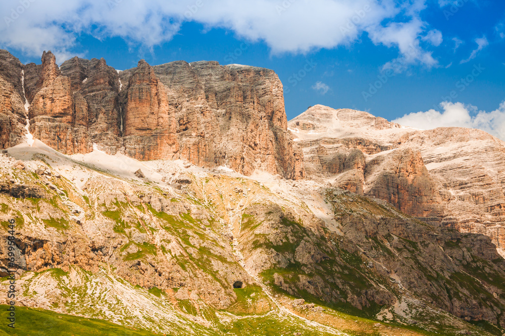 Fototapeta premium Panorama of Sella mountain range from Sella pass, Dolomites, Ita