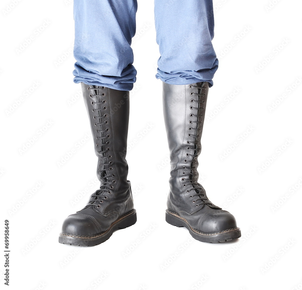 Pair of knee-high 20 eyelet black steel-toe boots Pair of knee-high 20 eyelet black steel-toe boots