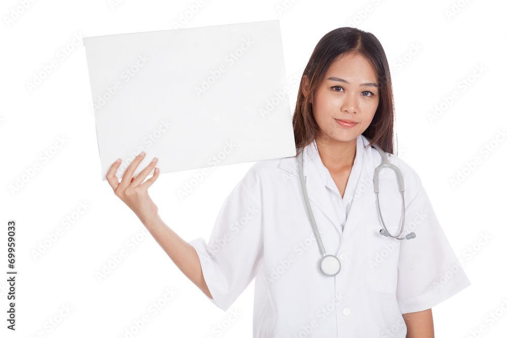 Young Asian female doctor show a blank sign Young Asian female doctor show a blank sign