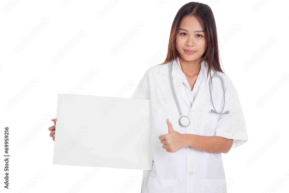 Young Asian female doctor show thumbs up and blank sign Young Asian female doctor show thumbs up and blank sign