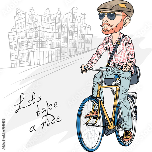 Vector trendy hipster bearded guy on a bike