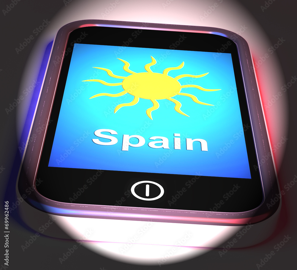 Spain On Phone Displays Holidays And Sunny Weather - obrazy, fototapety, plakaty 