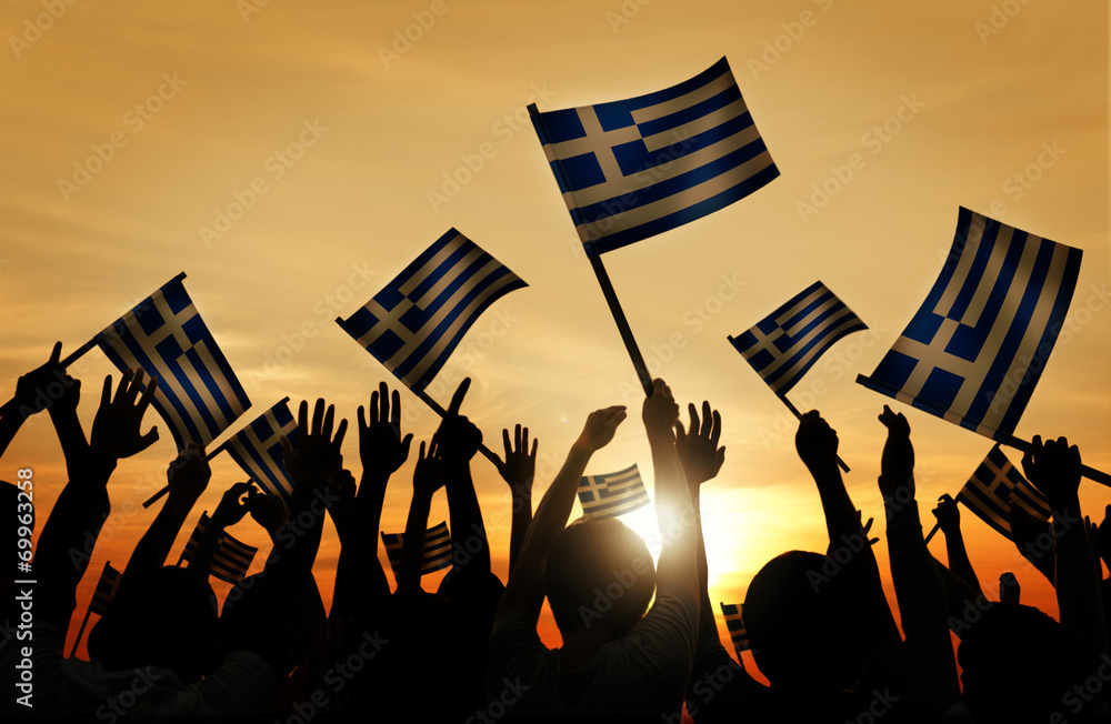 People Holding Flag of Greece Back Lit - obrazy, fototapety, plakaty 