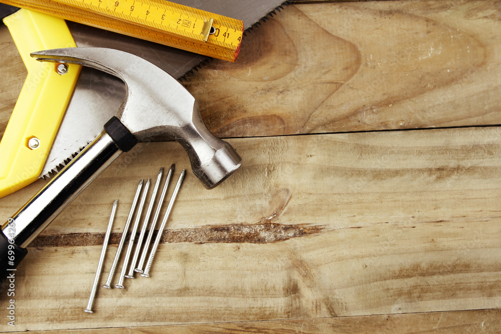 Tools on wood. Copy space