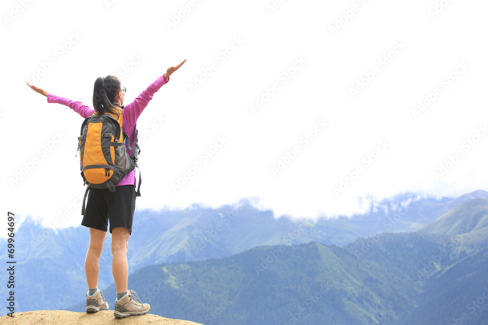 cheering young woman hiker enjoy the view mountain peak cheering young woman hiker enjoy the view mountain peak