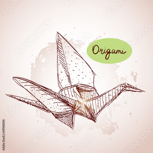 Origami paper cranes sketch. line on beige background.Grunge tex
