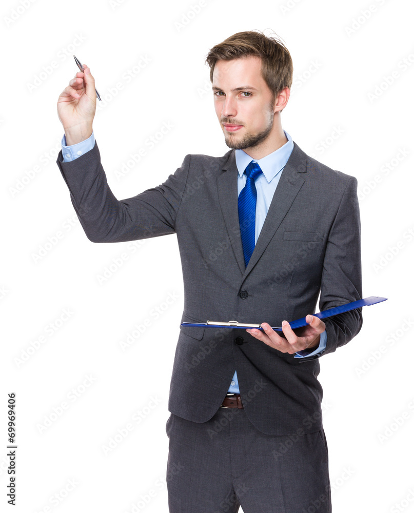 Businessman hold clipboard and pen write on air Businessman hold clipboard and pen write on air