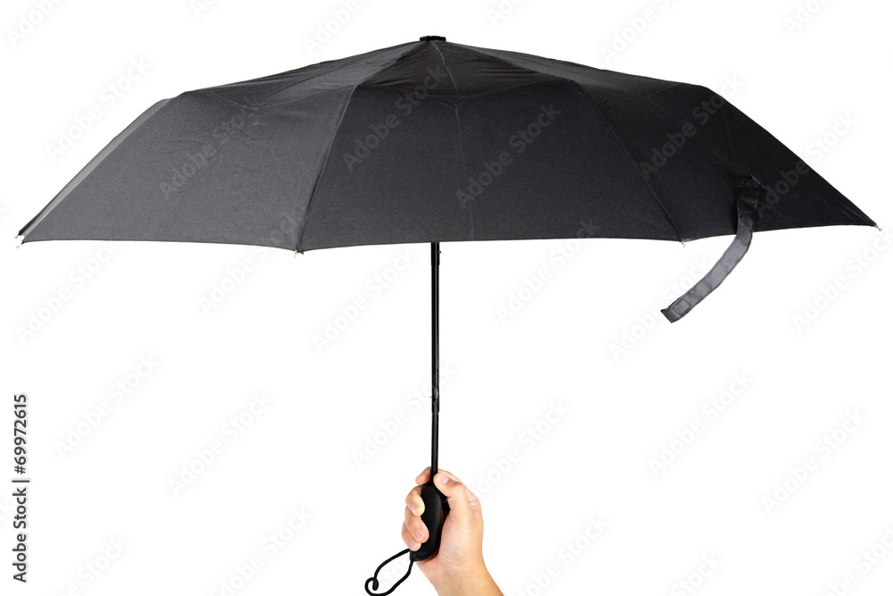 Modern black umbrella in handon white background.