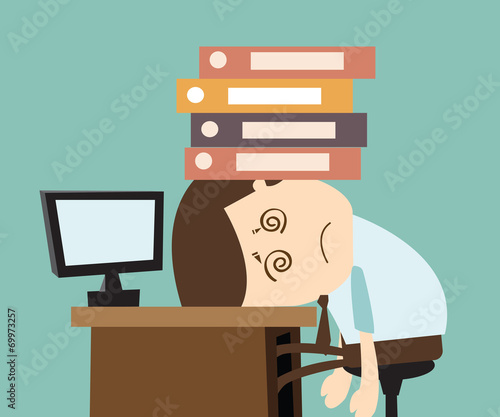 Hard work concept - businessman with his head heavy file